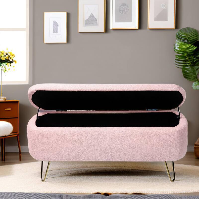 Contemporary Fabric Upholstered Storage Ottoman Bench with Metal Legs - Pink