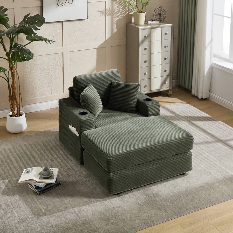 Corduroy Upholstered Chaise Lounge Sofa,Magazine bag,Detachable Cushions Deep Seat for Living Room Office