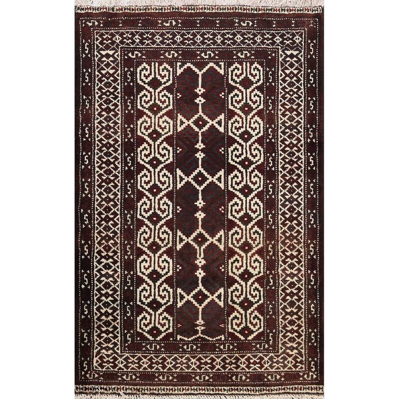 Geometric Persian Balouch Wool Area Rug Handmade Traditional Carpet - 2'9" x 3'8"