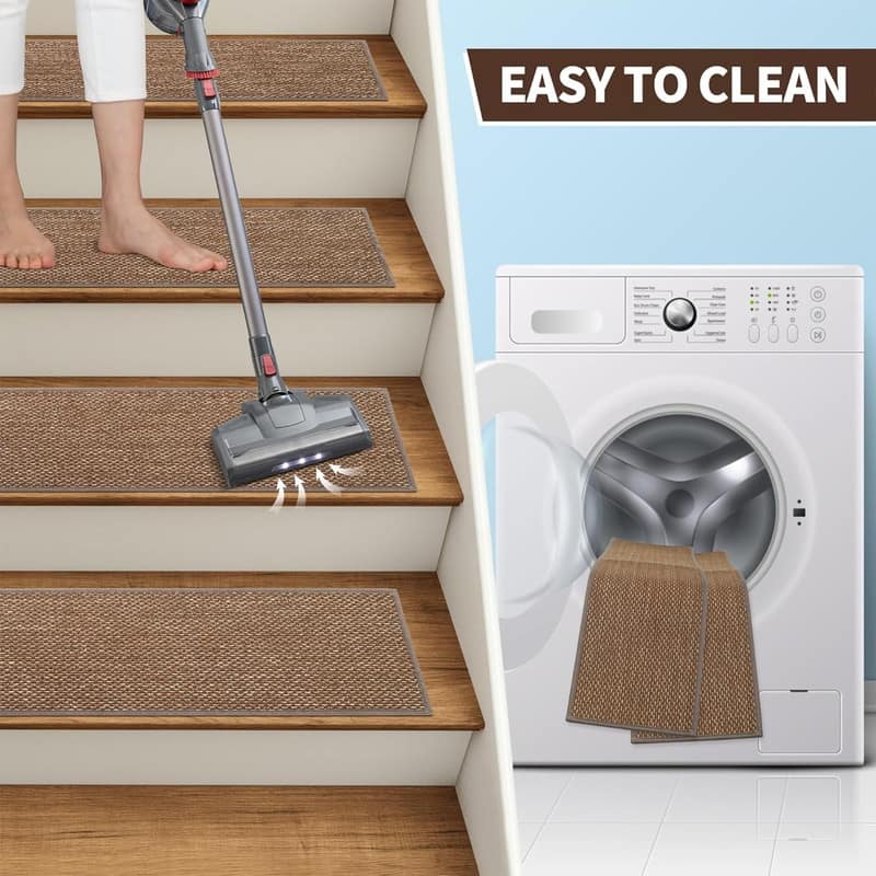 15pcs Upgraded Self Adhesive Backing Non Slip Stair Carpets, Linen Stair Treads for Indoor 30x8 in - 6' x 7'