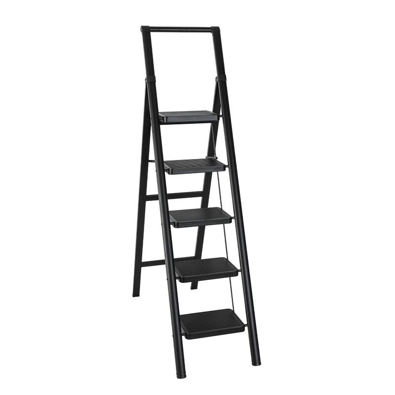 Black 5 Step Stool Folding Step Stool with Handrails