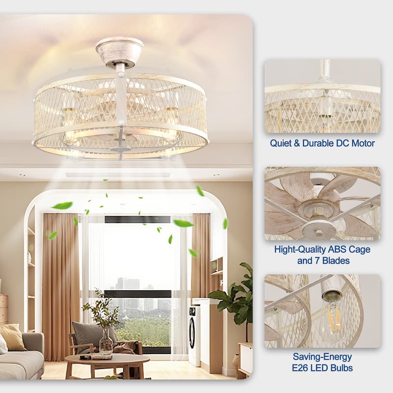 20-26" Caged outdoor Ceiling Fan with Light: Remote App Control-Farmhouse Fandelier Flush Mount Fixture Reversible 6 Speed Timer