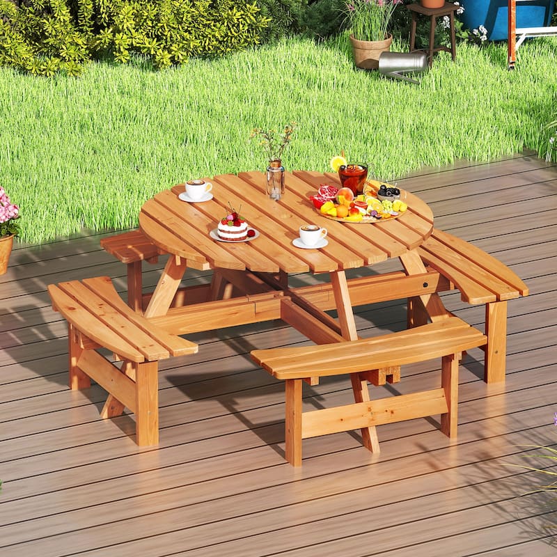 8 Person Wooden Picnic Table Round Outdoor Dining Set with Benches - 71" x 71" x 28"