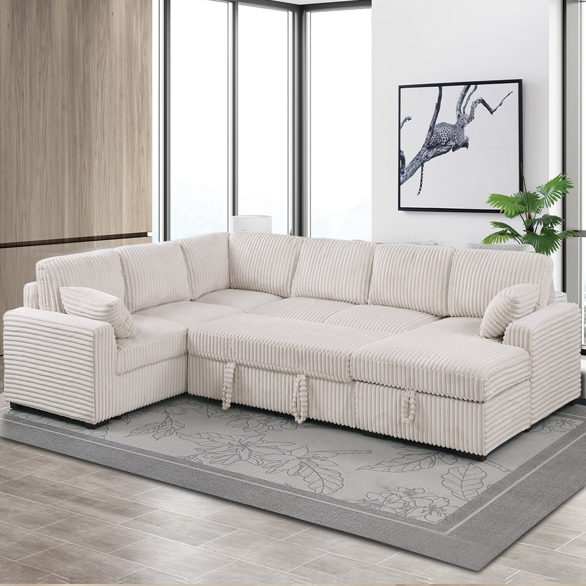Oversized Upholstered Corduroy Sleeper Sectional Sofa With Storage Chaise