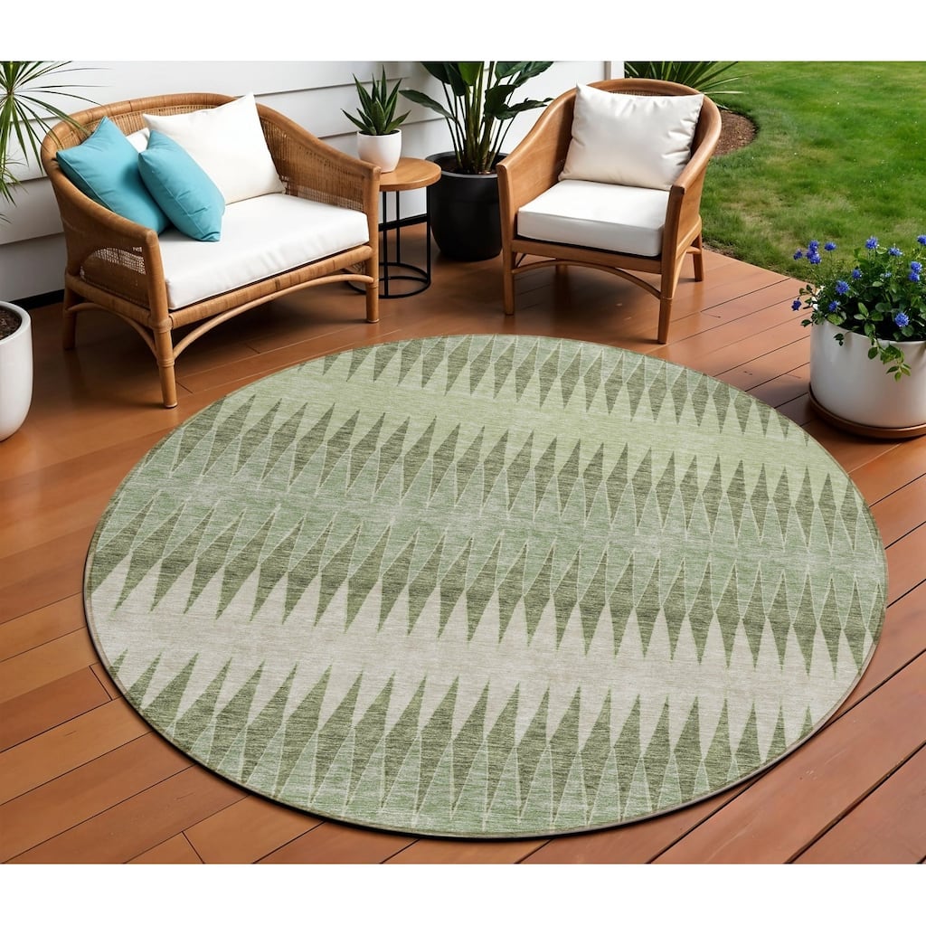 Artichoke Green And Light Green Round Striped Washable Indoor Outdoor Area Rug - 8' Round