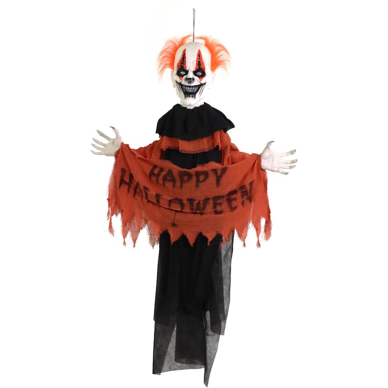 Haunted Hill Farm Twister the Clown Animatronic Tree Hugger with Movement, Sounds, and Light-Up Eyes for Halloween Decoration
