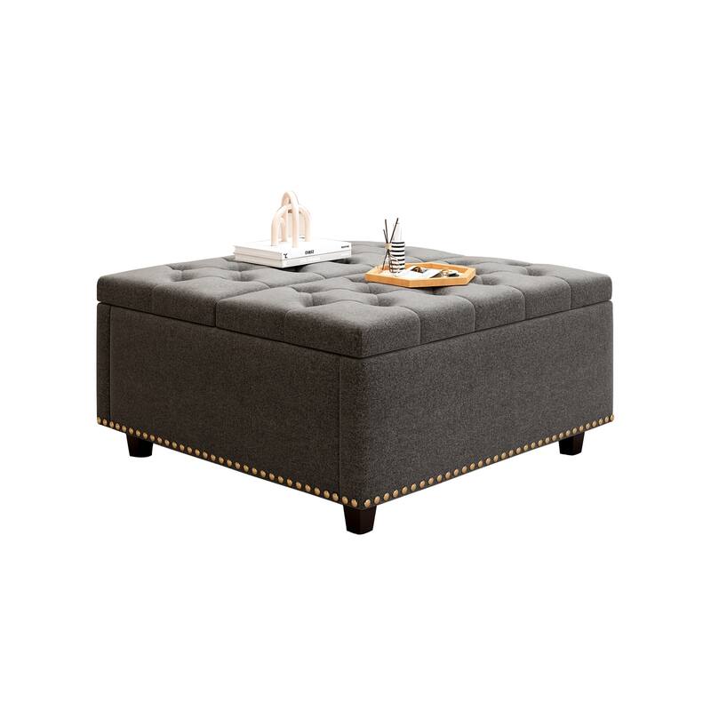 Large Dark Gray Square Ottoman with Storage, Mid-Century Style, High-Density Foam Padding