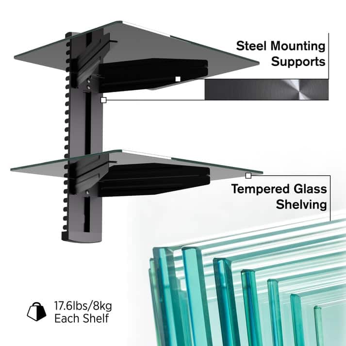 ProMounts Durable Tempered Glass Floating Double Wall Shelf, Holds Up to 35 lbs - Up to 35 Lbs.