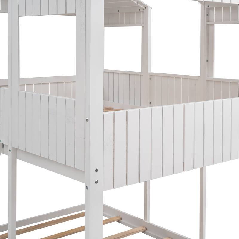 Full Over Full WoodBunk Bed with Roof, Window, Guardrail, Ladder