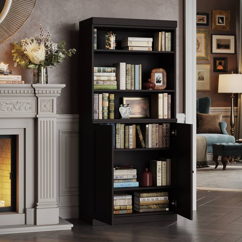 Palace Imports Premium 100% Solid European Oak Hardwood 6-Shelf Modular Bookcase with Bottom Shaker Doors - 32" Wide, 71.5" Tall