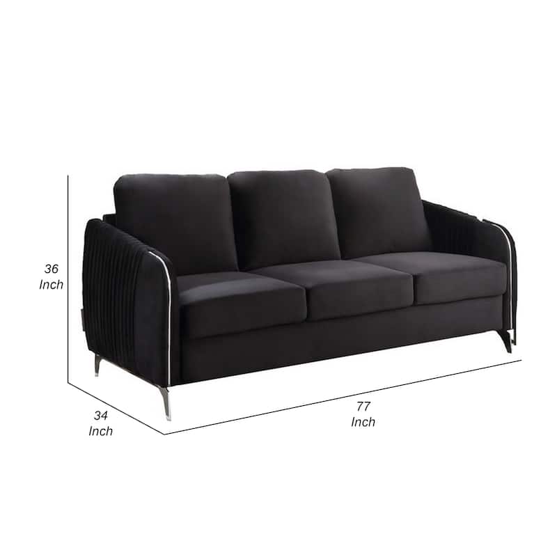 77 Inch Modern Sofa, Vertical Quilted Design, Jet Black Velvet Fabric