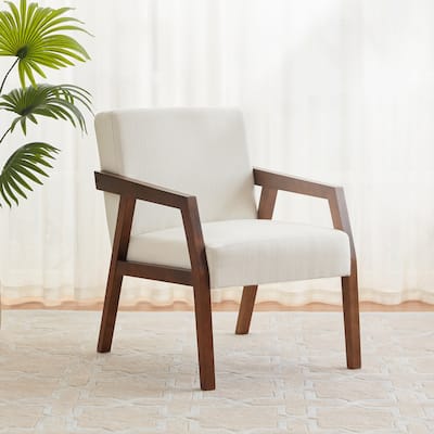 Linen Fabric Upholstered Mid-Century Accent Chair - Solid Wooden Arm Chair for Living Room & Bedroom