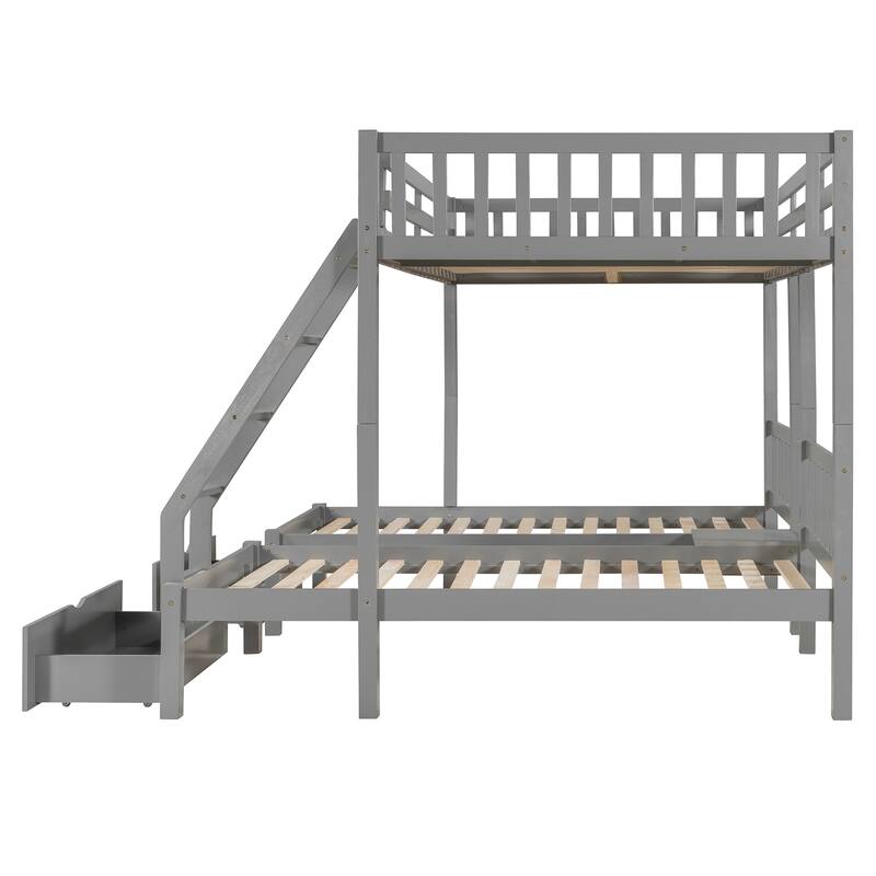 Detachable Triple Bunk Bed Convertible 3 Platform Beds, Wood Full Over Twin & Twin Bunk Bed Frame with Drawers and Guardrails