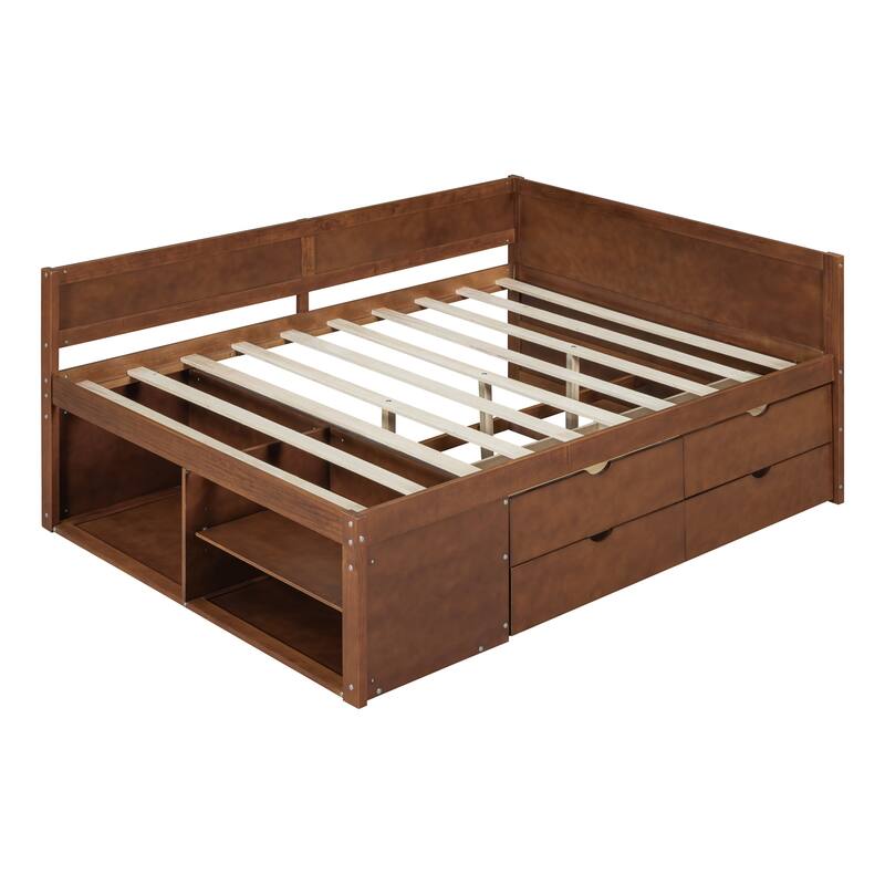Twin/Full Size Daybed with 4 Storage Drawers and Shelves, Wooden Platform Bed Frame Corner Bed with L-Shaped Headboard and Slats