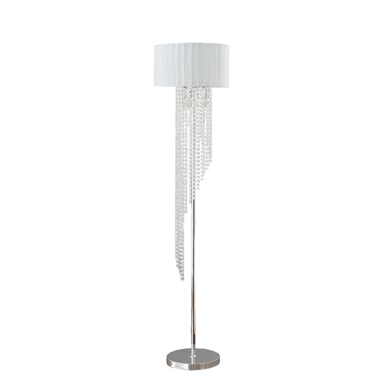 HomeRoots 66" Clear And Silver Crystal And Metal Floor Lamp With White Linen Drum Shade