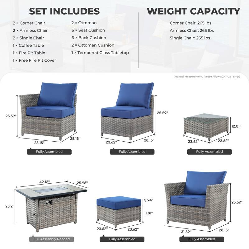 HOOOWOOO 10-piece Outdoor Furniture Rattan Sectional Set with Fire Pit Table.