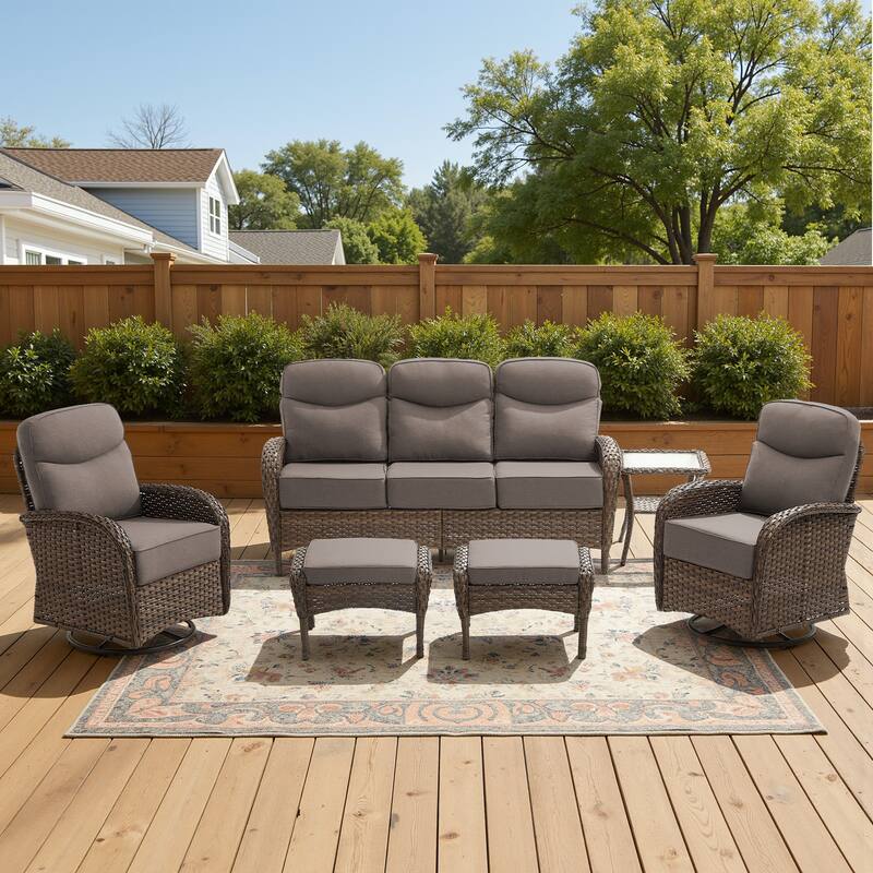 Luna 6-Piece Wicker Patio Conversation Set with Swivel Gliders and 6-Inch Thick Olefin Cushions - Gray Cushions - Brown Wicker