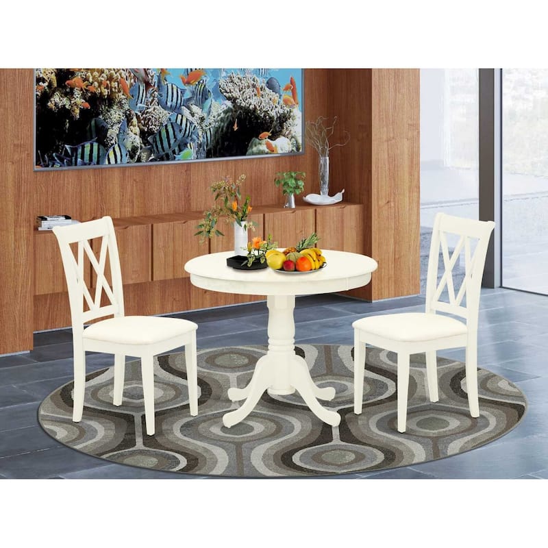 3Pc Dinette Set - Kitchen Table & 2 Dining Chairs - Linen White Finish - Small Round Table