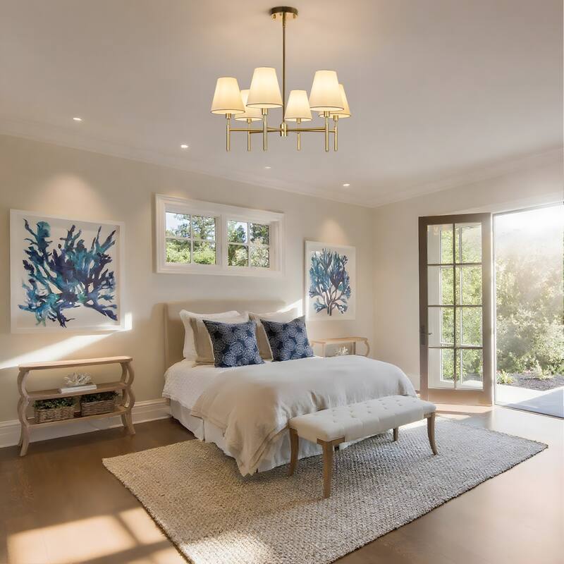 Farmhouse Wheel Chandelier Mid-century Pendant Fixture with Fabric Shades for Interior Lighting