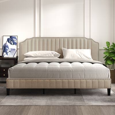 King Curved Platform Bed with Nailhead Trim & Headboard