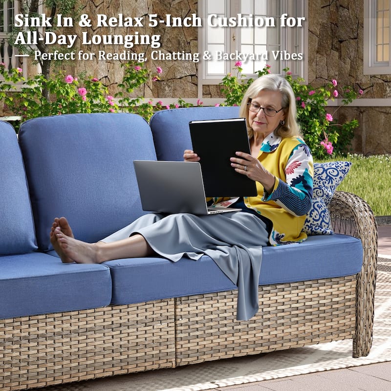 Pocassy Patio Sofa Ottoman Swivel Chair Table with Fire Table Set.