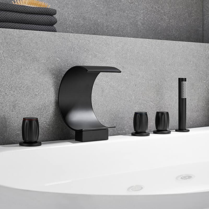 Altair Recea Triple Handle Deck-Mount Roman Tub Faucet with Diverter and Handshower - Matte Black