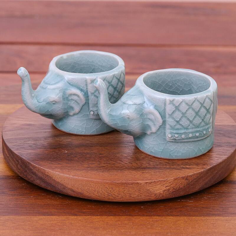 Novica Handmade Elephant Essence In Aqua Celadon Ceramic Teacups (Pair