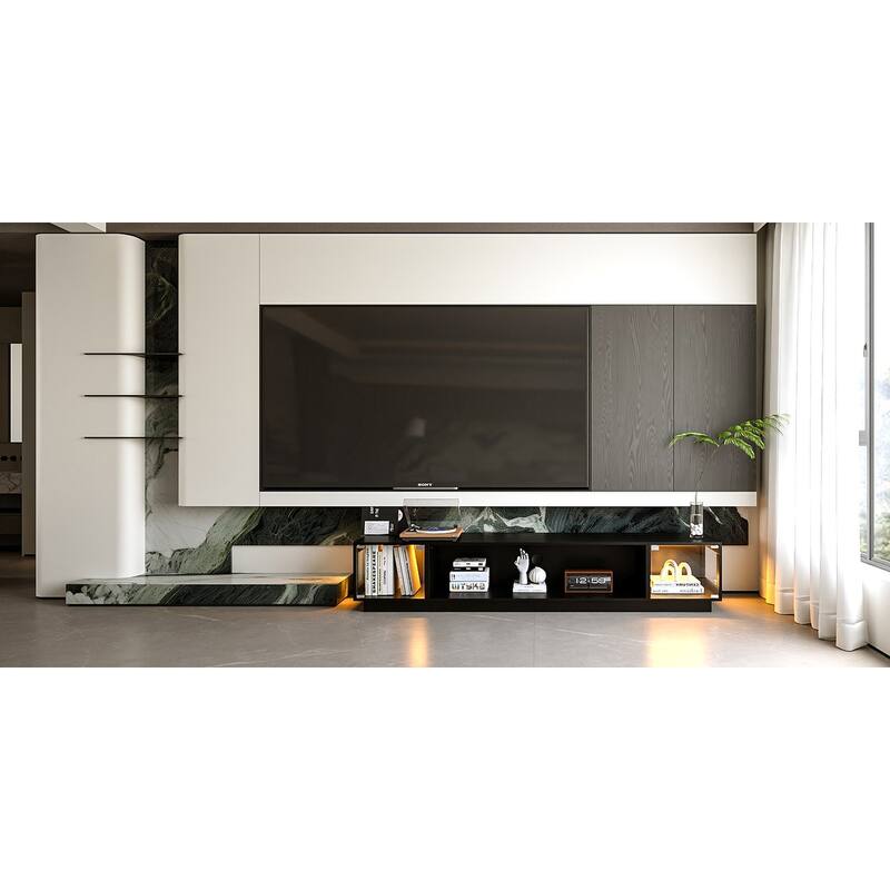 Modern Black Fireplace TV Stand Combo,Remote Fireplace Heater,2 Drawers,Light Strip & USB