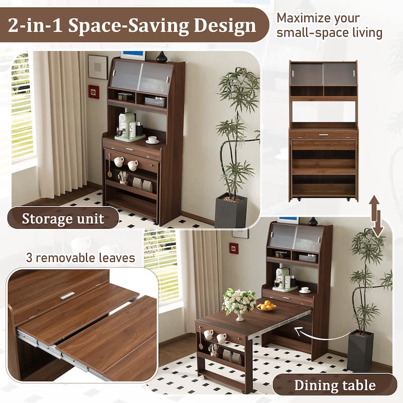 Multifunctional Buffet Hutch and Foldable Dining Table with Storage Unit and Rolling Wheels for Small Spaces