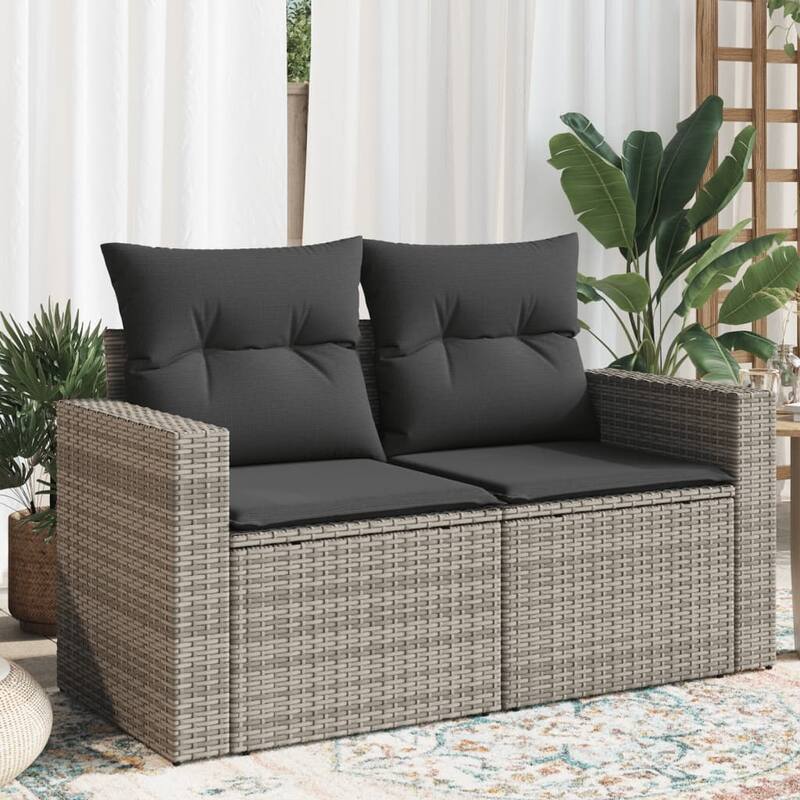 vidaXL Patio Sofa with Cushions 2-Seater Modular Couch Loveseat Poly Rattan - 24.4 x 51.6 x 27.2 in - Gray with storage