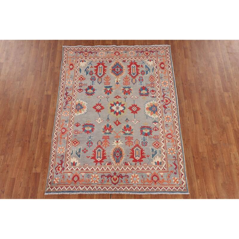 Grey Kazak Oriental Area Rug Handmade Geometric Wool Carpet - 5'0" x 6'8"