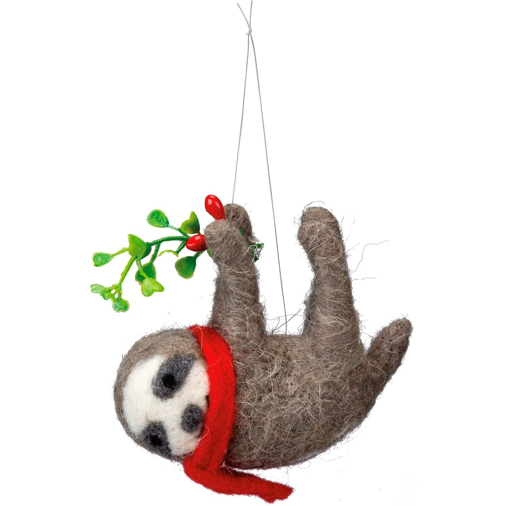 Sloth in a Red Scarf with Mistletoe Sprig Christmas Holiday Ornament - Multi