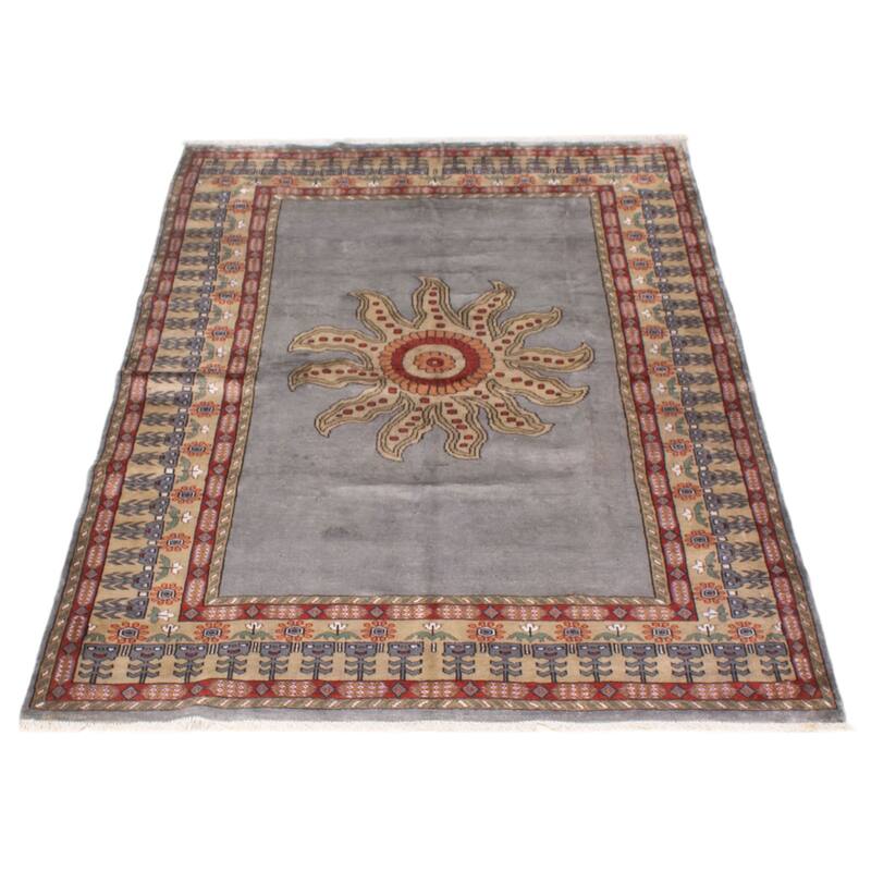 ECARPETGALLERY Hand-knotted Kashmir Grey Silk Rug - 4'10 x 7'0