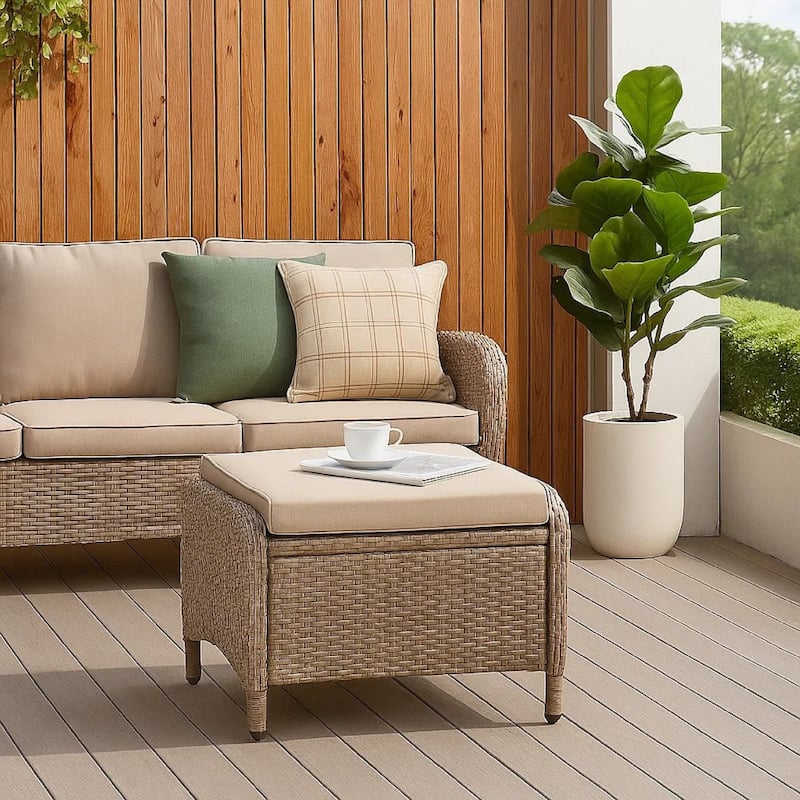 Ankia 21 Inch Outdoor Square Ottoman, Set of 2, Beige Fabric, Faux Wicker