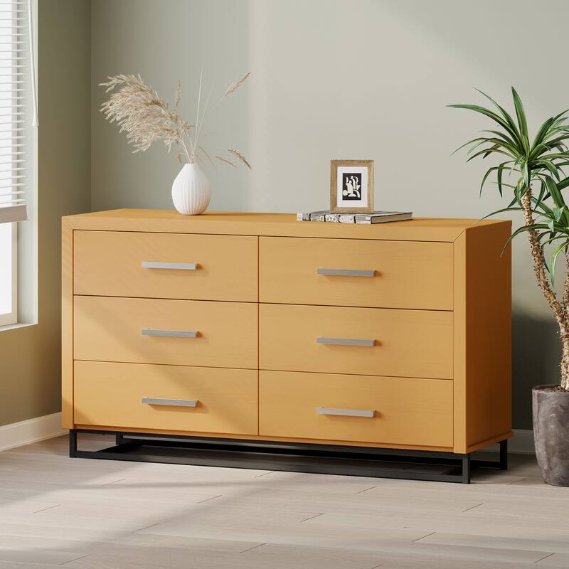 Roomfitters 6-Drawer Modern Wood Storage Dresser with Metal Base, Wide Chest of Drawers for Bedroom or Living Room