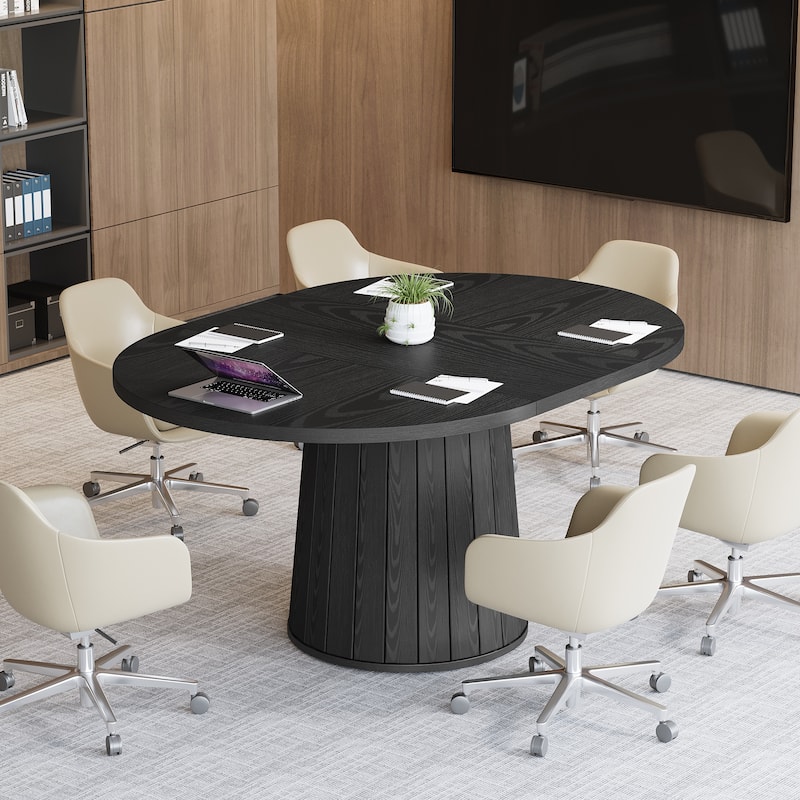 55.11 Inch Brown Wood Oval Conference Table with Wood Base for 6 People