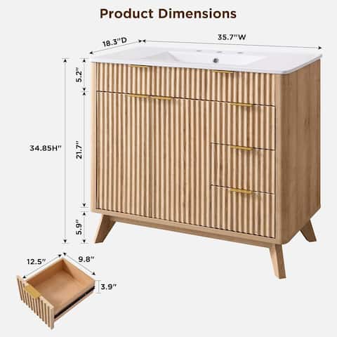 36 Fluted Bathroom Vanity with Sink Combo，Modern Bathroom Cabinet