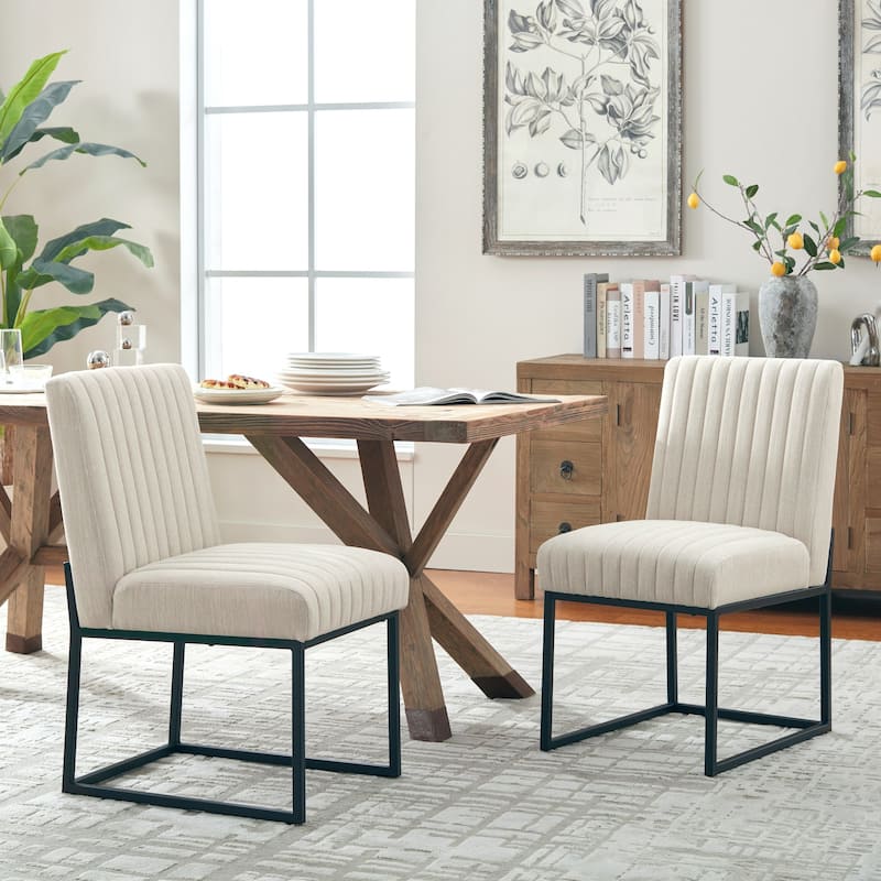 Mid Century Modern Dining Chair with Black Metal Legs - Set of 2 - Beige