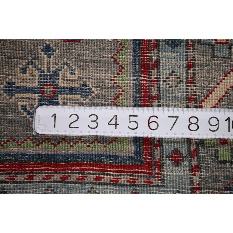Kazak Accent Rug Hand-Knotted Grey Geometric Wool Carpet - 3'4" x 5'0"