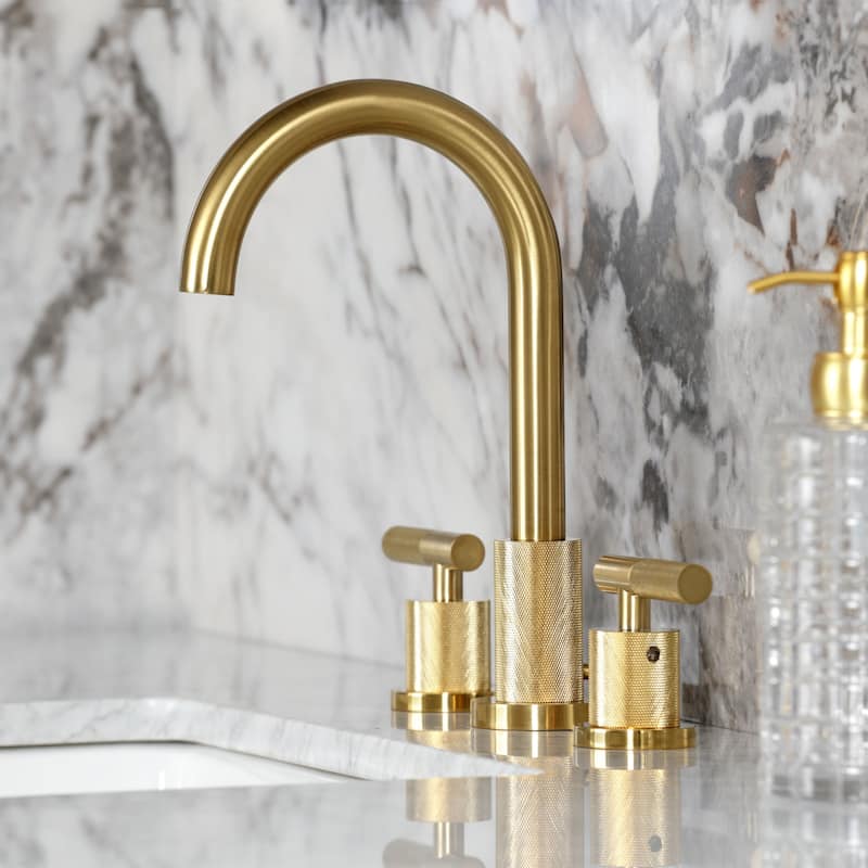 Kingston Brass Convergent Two-Handle 3-Hole Deck Mount Widespread Bathroom Faucet with Knurled Handle and Brass Pop-Up Drain