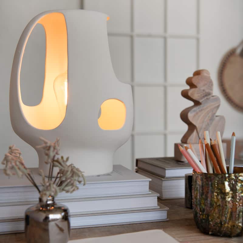 Ceramic Table Lamp with Cut-Outs, Volcano Finish, White - 9.5"L x 6.6"W x 12.3"H