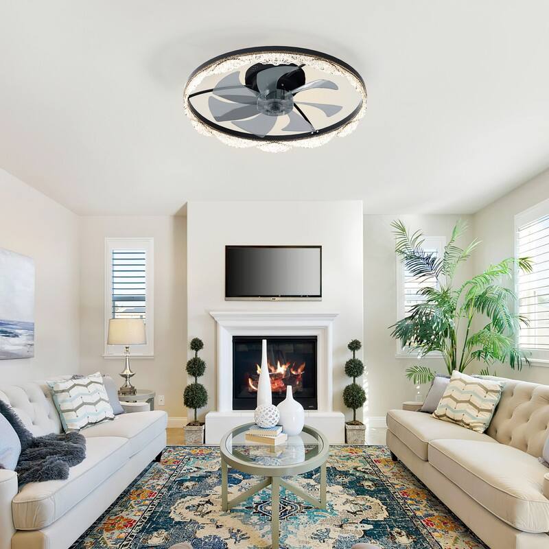 Crystal Flush Mount Ceiling Fan With Light And Remote, Black Ceiling Fan For Bedroom, Living Room - 16-Inch