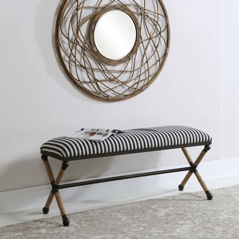 48" Navy Blue and Cream White Striped Upholstered Bench