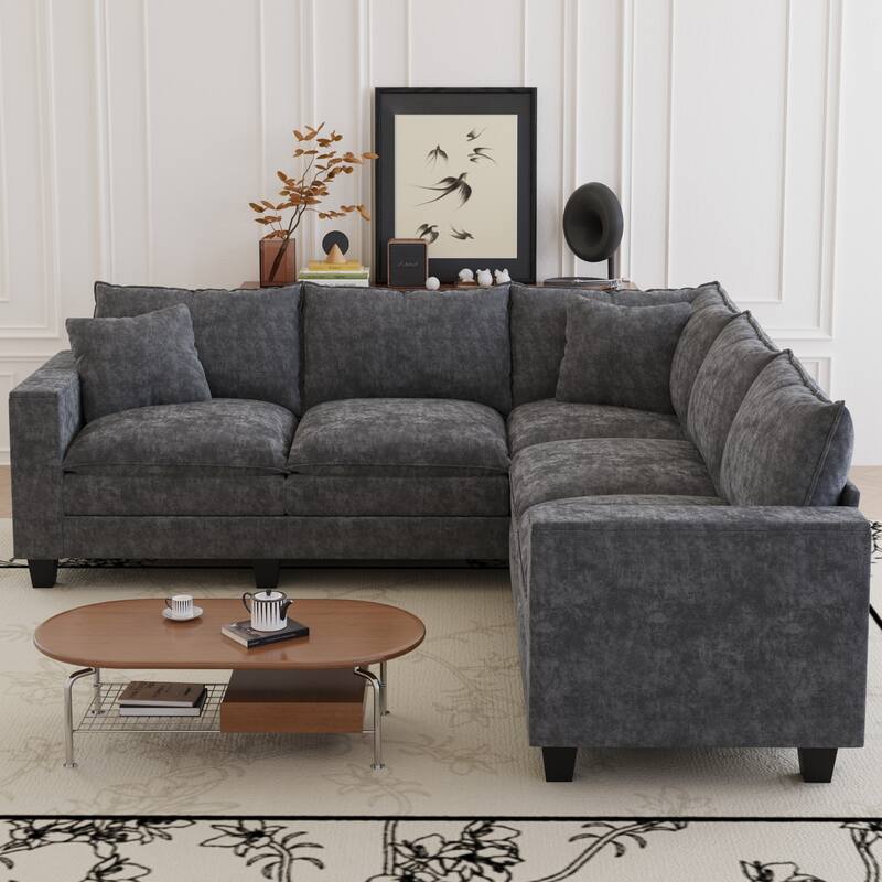 GDFStudio - Chenille L-Shaped 97" 5-Seater Sectional Sofa with Armrest Storage - Dark Gray