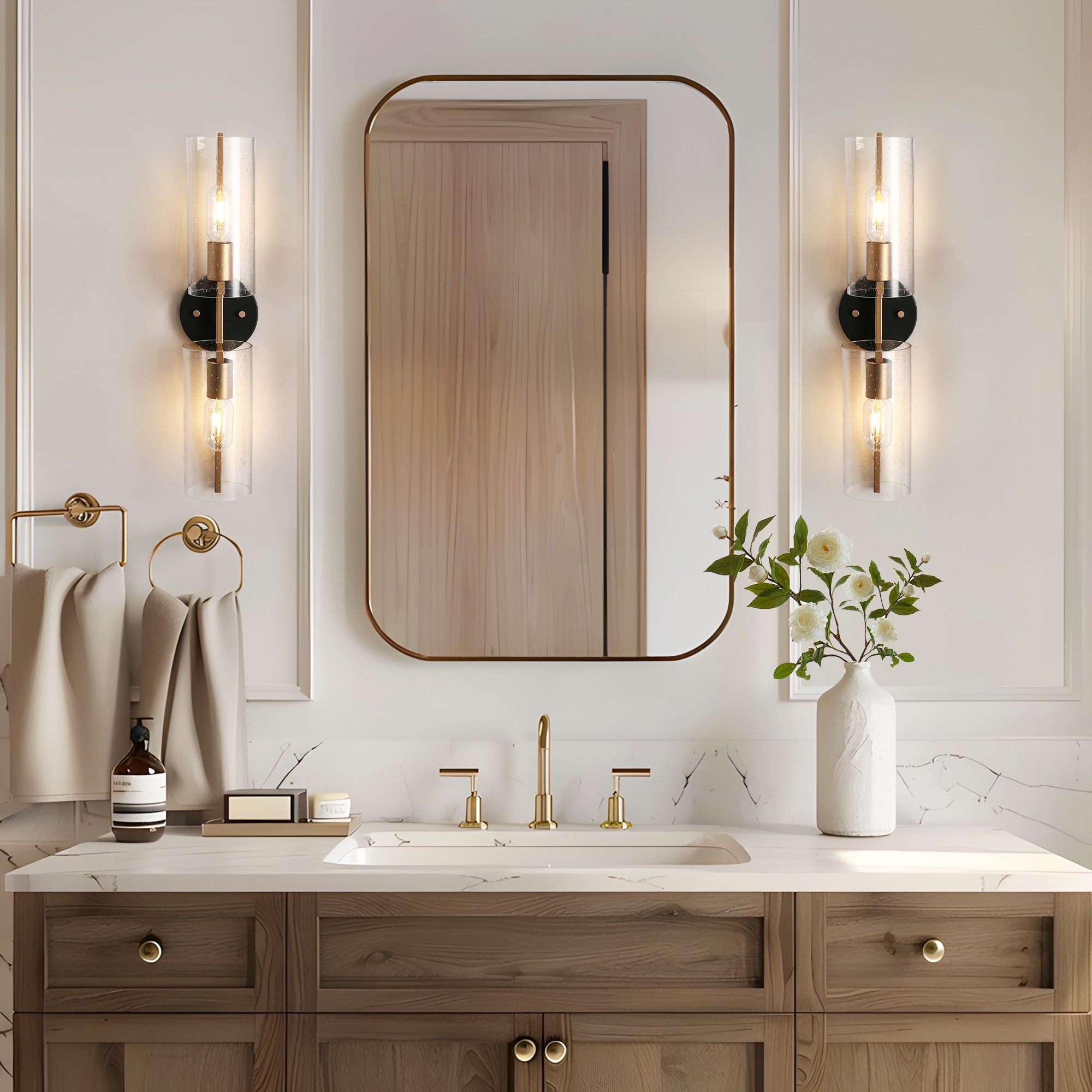 Zenith Modern Farmhouse Cylinder Seeded Glass Transitional Reversible Bathroom Wall Sconce for Dining Room