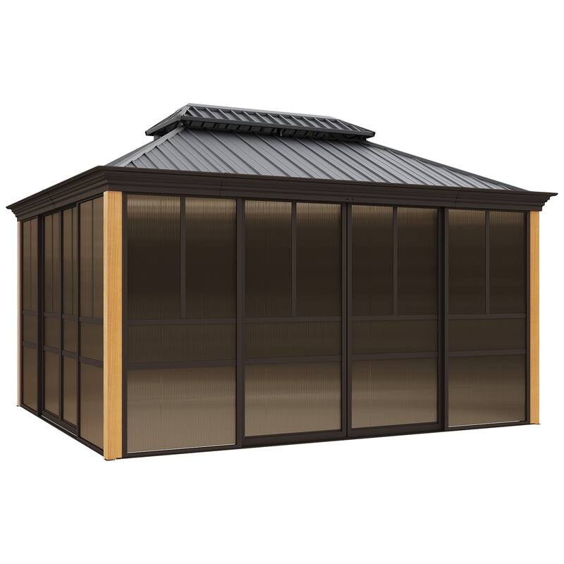 Outdoor Hardtop Sunroom Gazebo with Double Roof & Sliding Doors, All-Season Aluminum Outdoor Pergola, PE Screens&Lockable Design