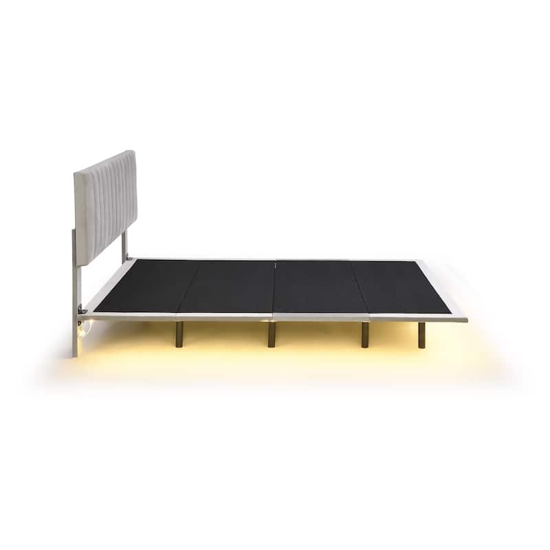 Queen Velvet Platform Bed with Headboard and Motion Sensor Light, Modern Design