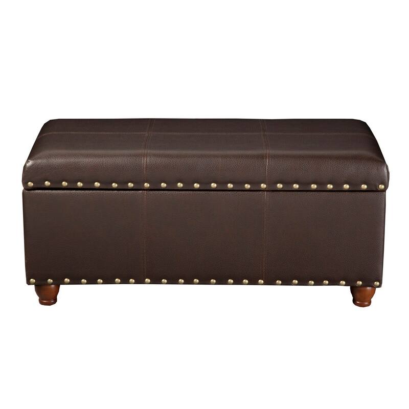 Leatherette Upholstered Wooden Storage Bench with Nail Head Trim Accent, Espresso Brown