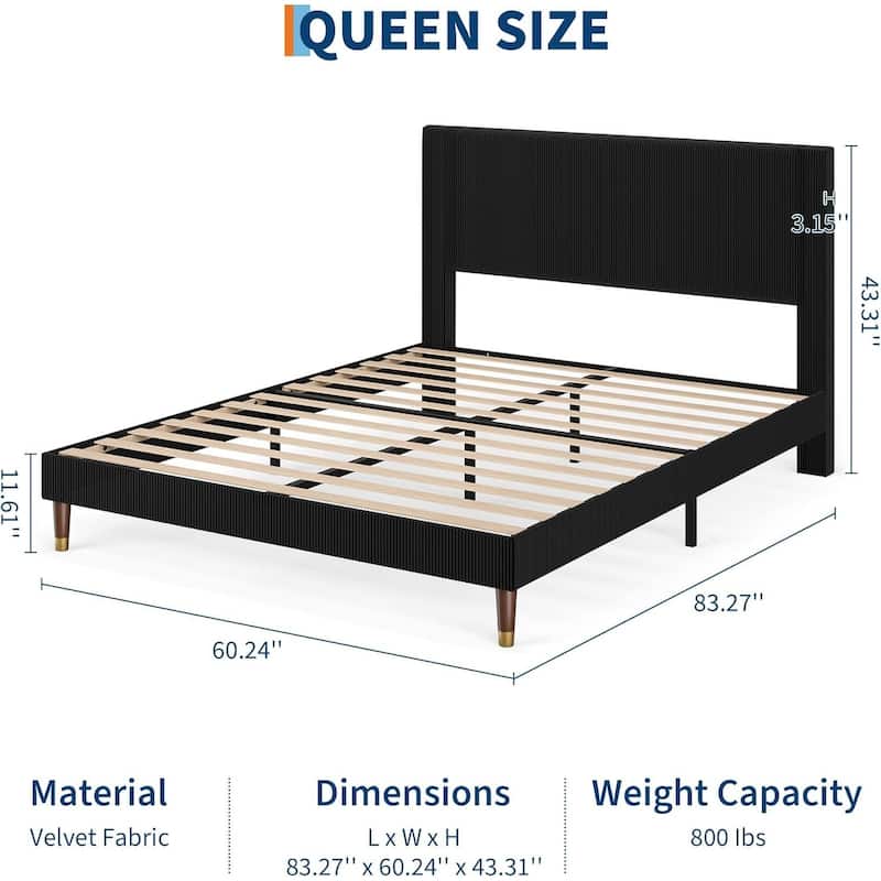 Soft Corduroy Fabric Platform Bed Frame with Upholstered Headboard, Black