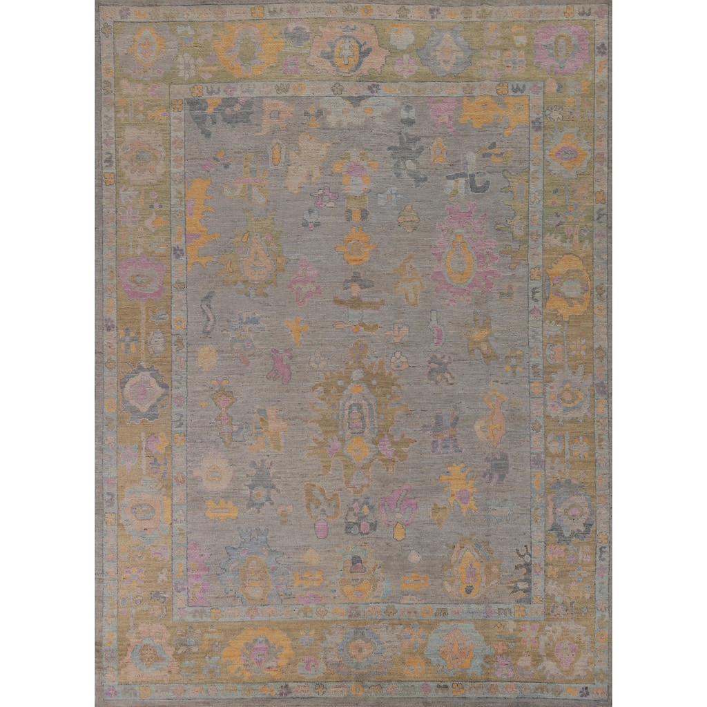 Hand Knotted Oriental 100% Wool Carpet Transitional All-Over Greys & Charcoal Oushak Area Rug - 9' 3'' X 7' 9''